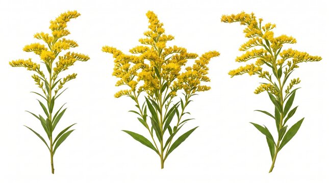 Three stems of goldenrod flowers with bright yellow clustered blossoms and green lanceolate leaves, isolated on a plain white background