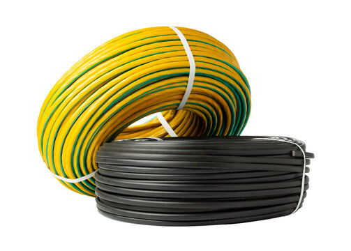Coils of yellow and green ground wire and black electrical cable arranged together