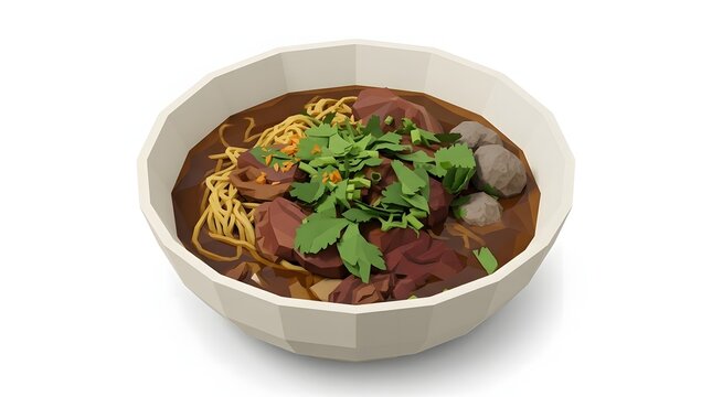 Low-poly 3D illustration of a bowl of beef noodle soup with meatballs, sliced beef, and fresh coriander.