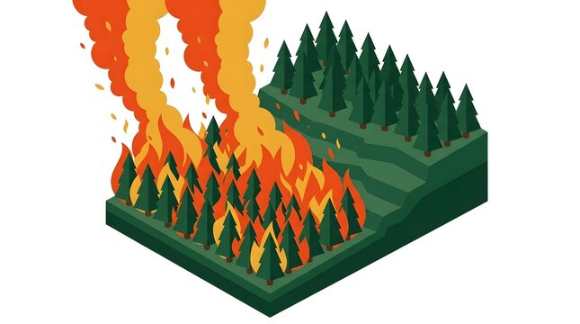 Isometric flat illustration of a wildfire burning pine trees on a forest block with rising smoke.