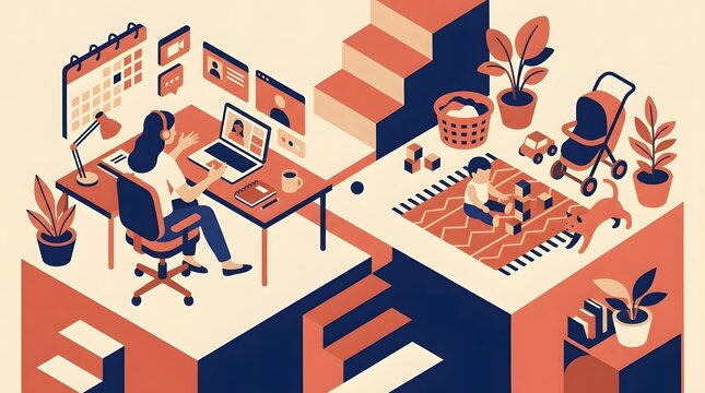 Isometric illustration of a working mother on a video call at her desk while her baby plays nearby at home.