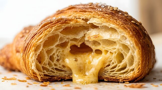Close-up of a flaky cheese croissant cut open with melted cheese oozing from the center.