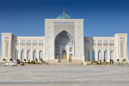 Islamic Civilization Center in Tashkent with turquoise dome and ornate tilework facade. Modern Uzbek religious architecture ideal for travel publications and cultural content.