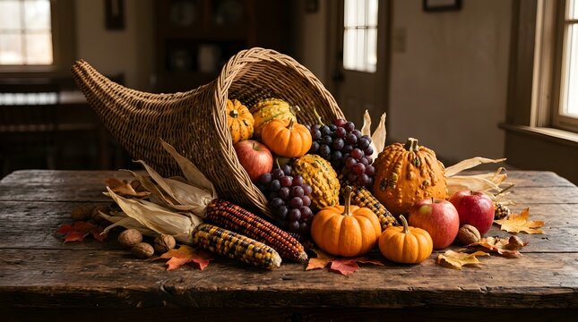 Cornucopia filled with pumpkins, gourds, and colorful autumn fruits on table
