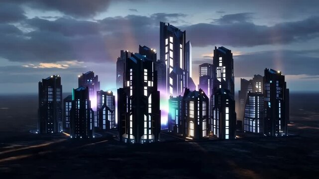 Futuristic city skyline glowing at dusk as colorful light waves sweep between illuminated skyscrapers in a dramatic digital animation