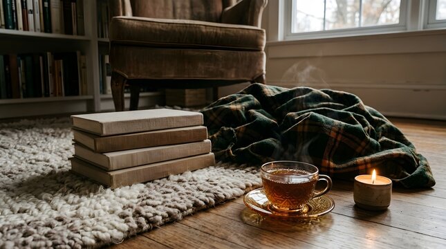 Cozy reading corner with a warm cup of tea and soft blanket on floor