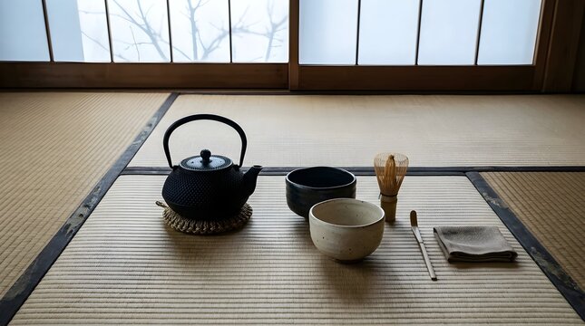 Traditional Japanese tea set arranged on tatami mat for tea ceremony