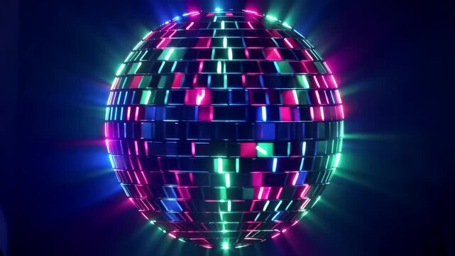 Glowing disco ball rotating with shifting blue, pink, and green reflections against a dark background, creating vibrant nightclub light effects in an abstract animation