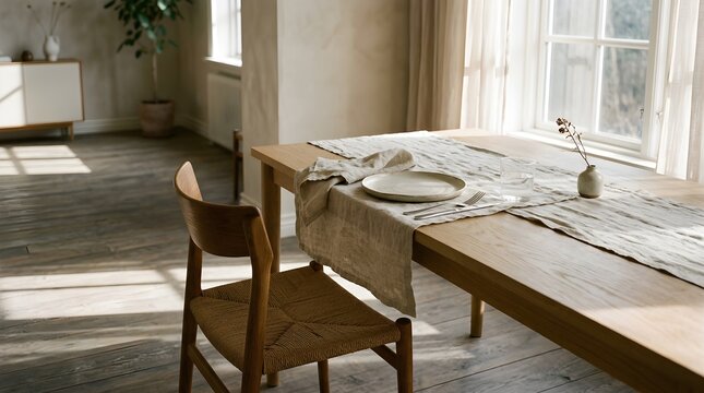 Sunlit wooden dining table and chair set in cozy room by window