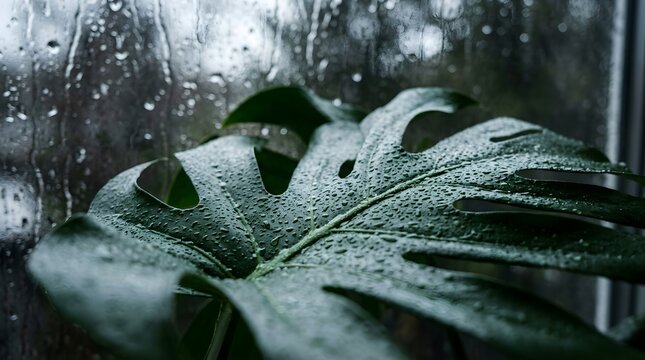 Close-up of green leaf with water droplets on rainy window surface