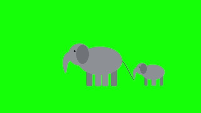 Elephant mother and baby walking in a row loop green screen chroma key background animation%E2%80%A9