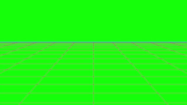 Green screen background with a perspective grid floor for chroma key video production and digital design