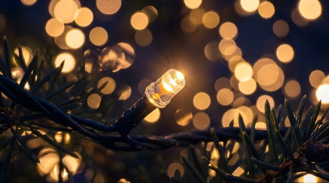 Close-up of warm glowing Christmas lights on green pine branches at night