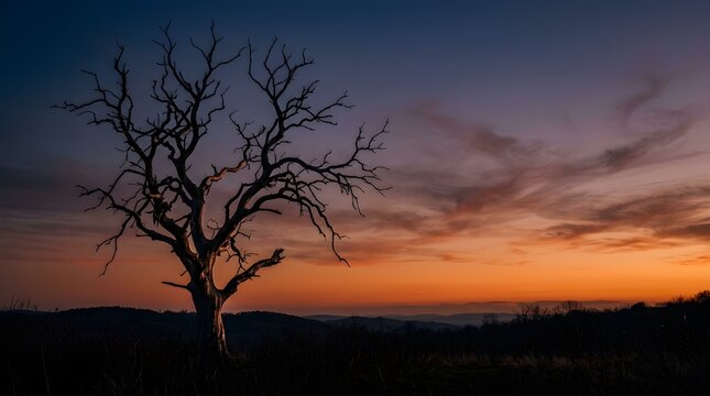 Silhouetted dead tree against vibrant orange and purple sunset sky