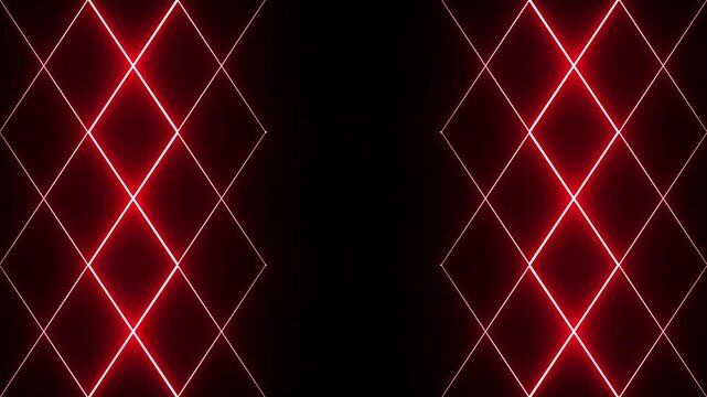 Bright red neon geometric diamond shaped gird lights on black background for party, concerts, stage