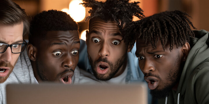 Four men with shocked and amazed expressions stare intently at a laptop screen. The blurred background suggests an indoor setting with warm lighting