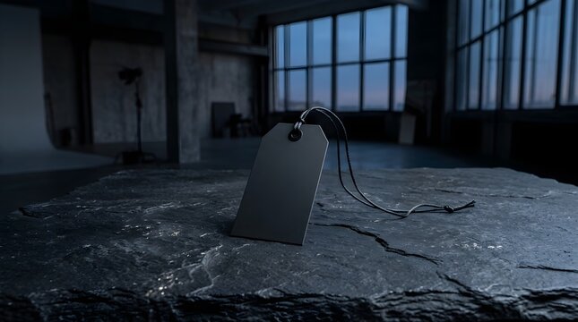 Empty black tag hanging on a stone surface in a moody industrial room