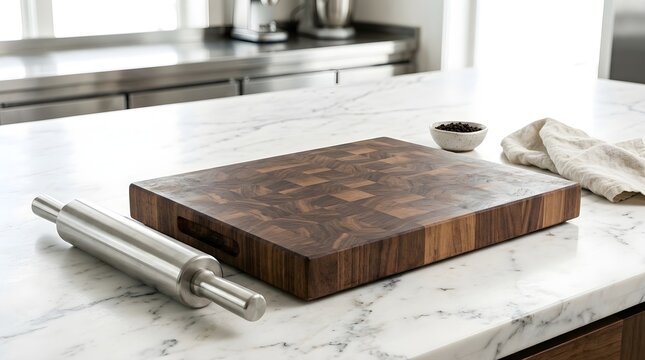 Wooden cutting board and rolling pin on marble kitchen countertop setup