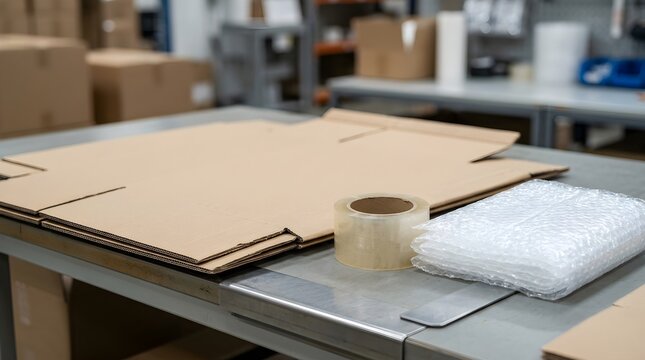 Packaging materials ready for shipping on a metal table in a warehouse