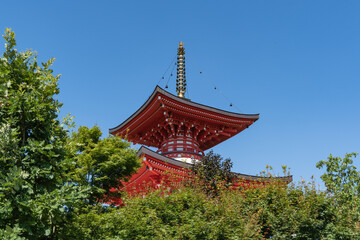 Traditional Japanese pagoda with striking red roof and white pillars and ornate structure's golden spire is partially obscured by lush green foliage. Japanese garden. Krasnodar Park or Galitsky Park © SergioDenisenko