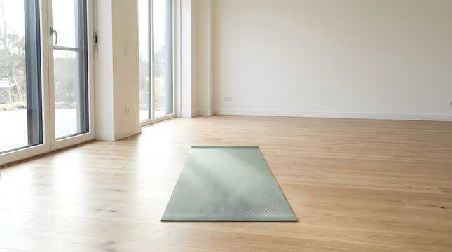 Minimalist yoga mat placed in a bright, spacious, and empty room