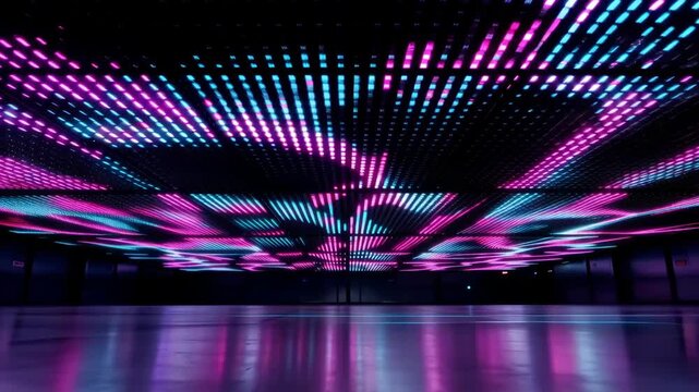 Colorful pink and blue LED light patterns shift across a dark ceiling, reflecting on a polished empty floor in a futuristic interior installation
