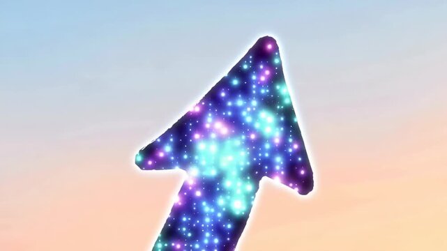 Hand drawn arrow enlarges and transforms into a glowing colorful cosmic symbol against a soft pastel sky background in a stylized animated transition