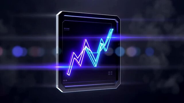 Glowing financial chart rises and falls on a rotating futuristic display panel with neon purple and blue lines against a dark abstract background