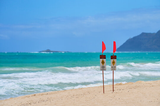 Warning signs with red flags on a sandy beach by ocean waves