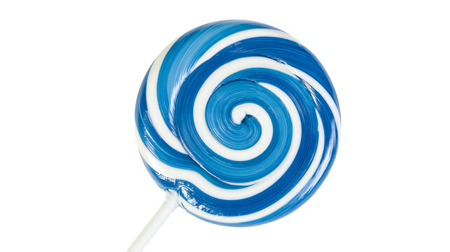 Blue and white swirl pattern round hard candy lollipop on a stick
