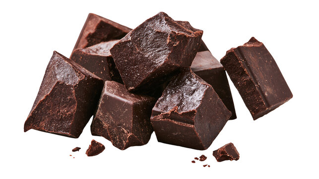 Rough chunks of dark bitter chocolate broken into irregular pieces