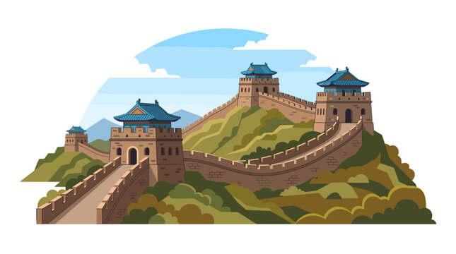Flat vector illustration of the Great Wall of China featuring iconic watchtowers and stone fortification walls winding through green mountain ridges under a clear blue sky.