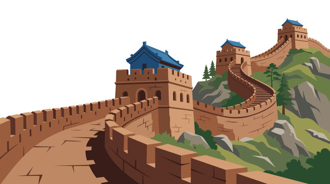 Flat vector illustration of the Great Wall of China featuring ancient watchtowers winding through green mountain ridges under a white background with a low angle perspective.