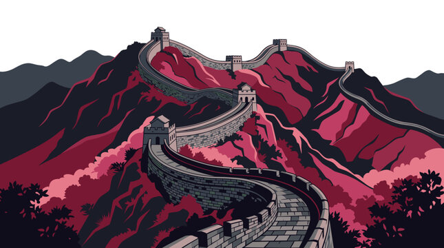 Vector illustration of the Great Wall of China winding across mountain ridges, featuring a high-angle aerial perspective with watchtowers in a stylized red, grey, and black color palette.