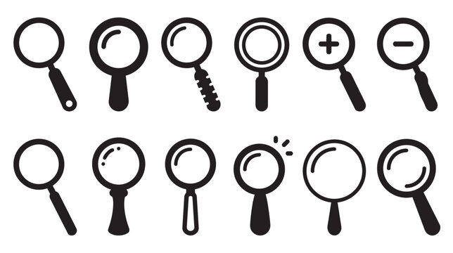 Magnifying glass icon set, 12 black search and zoom vector symbols, minimalist loupe illustrations for web and app interface design