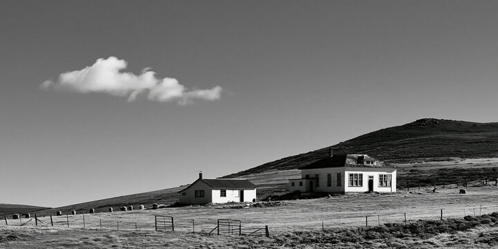 An isolated building and a smaller house sit on a barren, rolling hill under a vast sky with a single cloud, conveying a sense of solitude and desolation