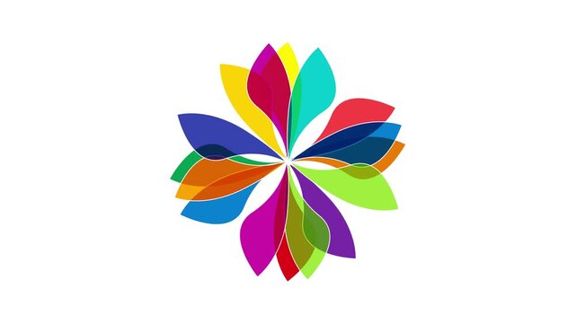 Colorful animated abstract flower spinning on white background