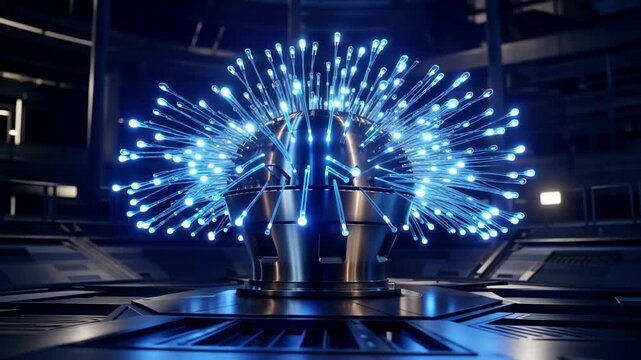 Futuristic metallic device with glowing blue fiber optic strands pulsing outward in a dark high tech interior, creating an abstract technological light display