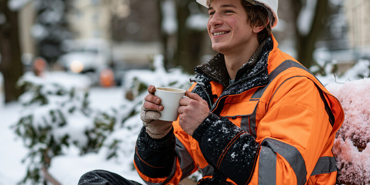 A construction worker in a high-visibility orange jacket and hard hat takes a coffee break in a snowy outdoor setting, smiling as he holds a white mug.