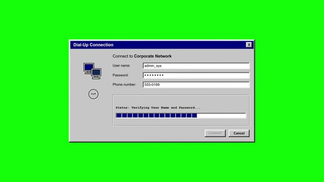 Retro dial up connection window connecting with loading progress bar in vintage user interface style on chroma key green screen background for nostalgic 90s internet media clip
