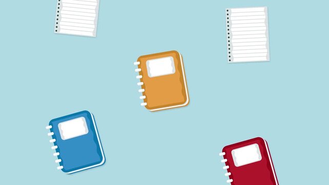 School supplies notebooks loose leaf paper animation pop up on blue background for back to school education concept design featuring flat vector stationery icons with copy space