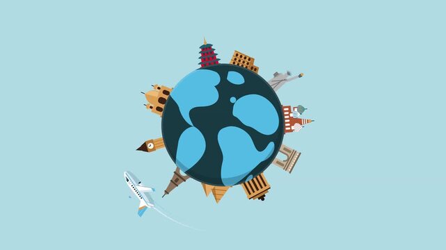 Airplane orbiting earth globe with world landmarks and travel icons for global tourism concept isolated on blue background for digital marketing and international business travel design
