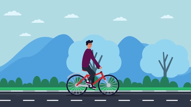 Young man riding bicycle on road with scenic mountain background in flat vector illustration style for healthy lifestyle concept with copy space for commercial design project