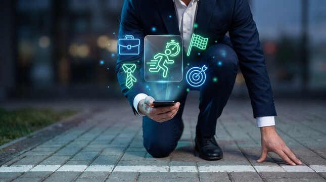 Headless businessman torso in dark suit crouching at starting line with smartphone hologram