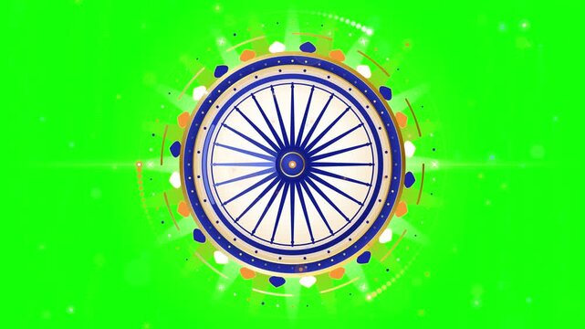 Animated spinning ashoka chakra wheel glowing on green screen
