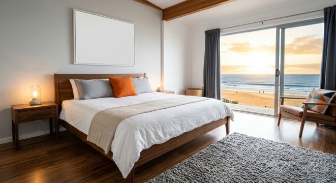 Modern luxury master bedroom interior with wooden bed and panoramic view of the beach at sunset through large sliding glass doors, elegant beach house decor with blank picture frame for mockup.