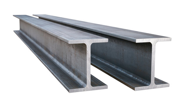 Steel beams with H shaped profiles shown in an isolated isometric view for construction and structural use