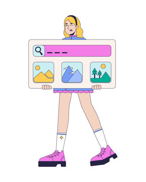 Playful web developer carrying search interface placeholder 2D illustration concept. Website frontend creator winking with UI layout cartoon character isolated on white. Flat vector creative metaphor