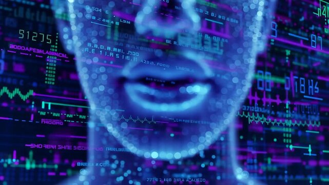 Abstract digital face made of glowing blue particles shifts before layered financial data screens, creating a futuristic technology and artificial intelligence visualization