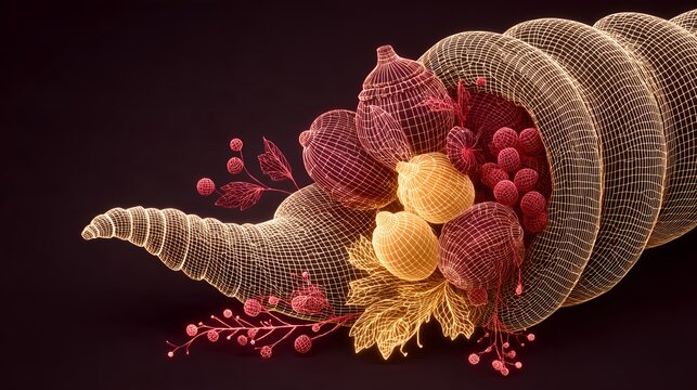 Glowing cornucopia wireframe 3D render with autumn harvest fruits and leaves for Thanksgiving holiday background overlay